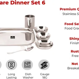 yuiop Pack of 6 Stainless Steel Square Shape Dinner Set - Includes 1 Thali, 1 Dish, 2 Bowls, 1 Spoon & 1 Glass Dinner Set image 5