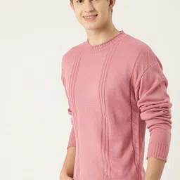 mast & harbour Men Solid Round Neck Pink Sweater-picture-25