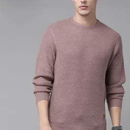 roadster Men Woven Round Neck Pink Sweater-picture-11