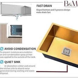 bowlsandmore UNDERMOUNT | 304 GRADE | STAINLESS STEEL SINGLE BOWL KITCHEN SINK | 24"x18"x10" | GOLD FINISH Vessel Sink image 4