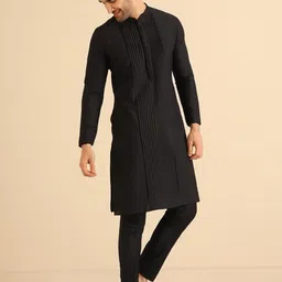 kisah Men's Kurta Trouser Set, Black Cotton Blend, Embellished Regular Fit Mandarin Collar Full Sleeves image 2