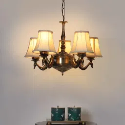 new era Devansh 05 Lights Off-white Round cotton shade with Antique Golden Chandelier -H image 1