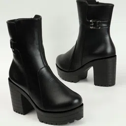 eluxe paris Sylish Buckle Ankle Boots Zipper Block High Heels Faux Boots for Womens & Girls Boots For Women image 2