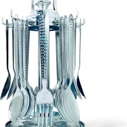 artha S.S Hammer Design Cutlery Set -Includes Spoons, Forks, Dessert Spoons, and Stand Stainless Steel Cutlery Set-picture-15