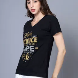 fleximaa Women Typography V Neck Pure Cotton Black T-Shirt image 4