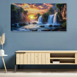 nestroots White Canvas Framed Serene Sunset Over Waterfall Bridge Wall Painting-picture-10