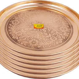 shivshakti arts Pure Brass Dinner Plate | Thali Set For Pooja & Serving Purpose (Engraved Flower Design, 12 Inch) - 6 Piece Dinner Plate image 1