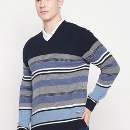 duke Men Striped V Neck Blue Sweater image 3