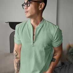 jump cuts Men Solid Henley Neck Polyester Green T-Shirt-picture-21