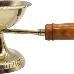 puja n pujari Brass Loban Burner Aarti Diya with Handle - Harathi Stand for Pooja Brass Table Diya image 3