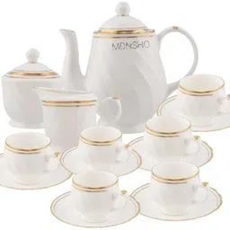 mdnsho Pack of 15 Bone China Tea Set with 6 Cups & Saucer, Tea Kettle Pot, Milk Pot, Sugar Pot White-picture-12