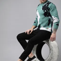 roadster Men Printed Round Neck White Sweater image 4