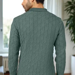 plus91 Men Self Design Collared Neck Green Sweater image 2