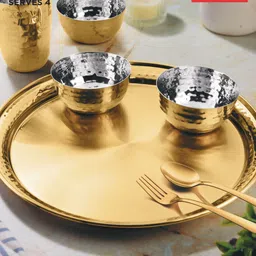 classic essentials Pack of 28 Stainless Steel High Grade Golden PVD Coating Hammered Dinner Set | Serve for 4 Dinner Set image 5