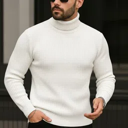trendbite Men Solid Turtle Neck White Sweater-picture-37