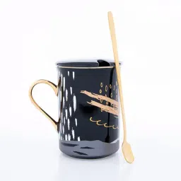 GIBOX Printed Coffee Mug with Lid & Spoon Black Large Ceramic Mug with Stirrer for Tea Coffee Lover 400ml Aesthetic image 5