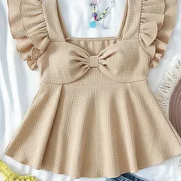 tops nova Casual Puff Sleeves Solid Women Beige Top-picture-10