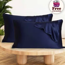 sunvibe Navy Blue Silk 2 Pillow Covers With 3 Scrunchies image 1