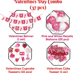 zyozique Red, Pink Happy Valentine’s Day Decorations Combo Banner,Cake Topper,Balloons (Pack of 37) image 2