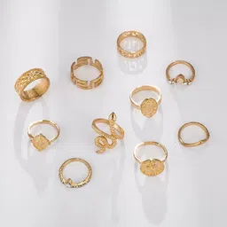 Pinapes Pack Of 10 Gold-Plated Stone Studded Adjustable Finger  Ring-picture-34