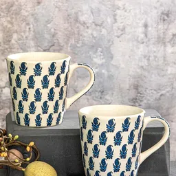 GOODHOMES Off White & Blue 2 Pieces Printed Stoneware Glossy Mugs - 310 ML Each-picture-22