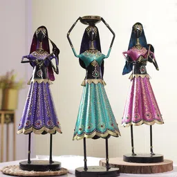 Aapno Rajasthan Set of 3 Blue Green & Pink Farmer Lady Figurine Showpieces-image-69