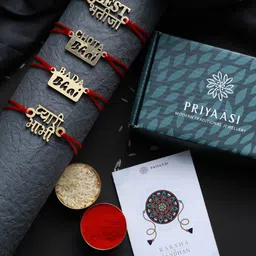 Priyaasi Red Set of 4 Wooden Thread Rakhis with Roli Chawal & Card-picture-11