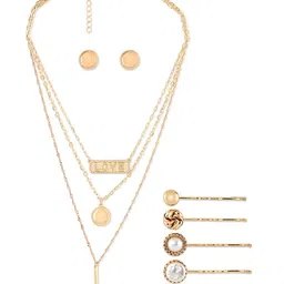 AMI Gold-Toned & Gold-Plated Contemporary Layered Chain Earring & Set of 4 Hair Pins image 4