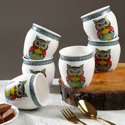Arrabi White & Green 6 Pieces Printed Ceramic Matte Kulladhs 200ml Each-picture-16