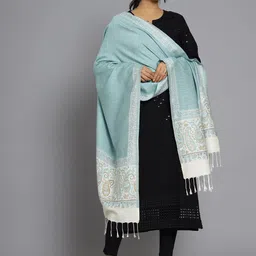 HANDICRAFT PALACE Women Turquoise Blue & Off White Paisley Woven Design Wool Stole image 2
