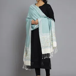 HANDICRAFT PALACE Women Turquoise Blue & Off White Paisley Woven Design Wool Stole image 5