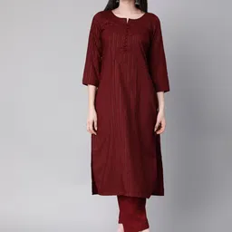 KALINI Striped Round Neck Three-Quarter Sleeves Thread Work Kurta with Trousers image 1