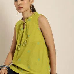 Taavi Woven Legacy Geometric Woven Design Tie-Up Neck Pure Cotton A-Line Top-picture-34