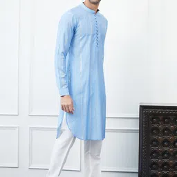 See Designs Striped Mandarin Collar Sequinned Pure Cotton Straight Kurta with Trouser image 3