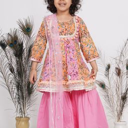 Little Bansi Girls Multicoloured Floral Printed Gotta Patti Pure Cotton Kurti with Sharara & With Dupatta-picture-22