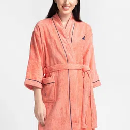 Nautica Women Coral-Colored Solid Pure Cotton Robe-image-49
