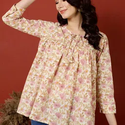 antaran Floral Printed Tie-Up Neck Cuffed Sleeves Gathered Detailed A-Line Cotton Top-image-34