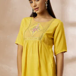 routes by all about you all about you Yellow Floral Embroidered Round Neck Gathered Cotton A-Line Top image 1