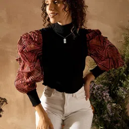 KASSUALLY High Neck Smocking Balloon Sleeves Cotton Top-picture-13