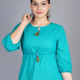 BAESD Keyhole Neck Puffed Sleeves Tie-Ups Pure Cotton Cinched Waist Top-picture-22