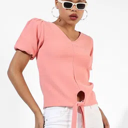 Campus Sutra V-Neck Puff Sleeve Waist Tie-Ups Cotton Top-image-1