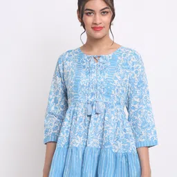 KALINI Floral Printed Tie-Up Neck Pleated Sequinned A-Line Cotton Tunic-picture-22