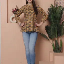KALINI Floral Printed Mandarin Collar Cotton Top-picture-6