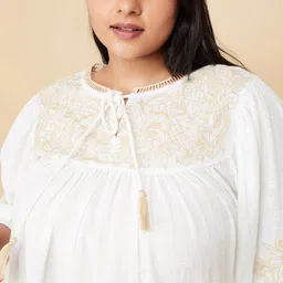 max Self Design Tie-Up Neck Puff Sleeves Cotton Top image 2