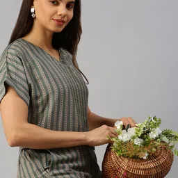 De Moza Geometric Printed V-Neck Extended Sleeves Cotton Linen Top image 3