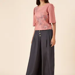 AKKRITI BY PANTALOONS Floral Embroidered Puff Sleeve Cotton Top image 3
