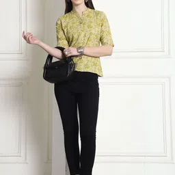 Rajnandini Floral Print Mandarin Collar Ethnic Cotton Top image 4