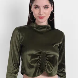 Rediscover Fashion Green Satin Smocking Strechable Crop Top image 1