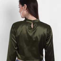 Rediscover Fashion Green Satin Smocking Strechable Crop Top image 4