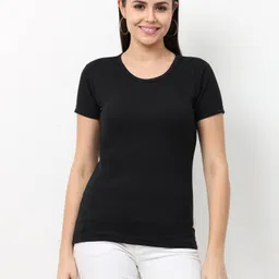wafaa Women Solid Round Neck Pure Cotton Black T-Shirt-picture-15